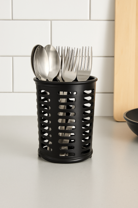 Suport tacâmuri metalic cilindric perforat negru mat [2]