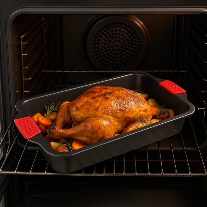 Tavă cuptor 39x26 cm antiaderentă cu mânere silicon roșii pentru fripturi și lasagna [5]