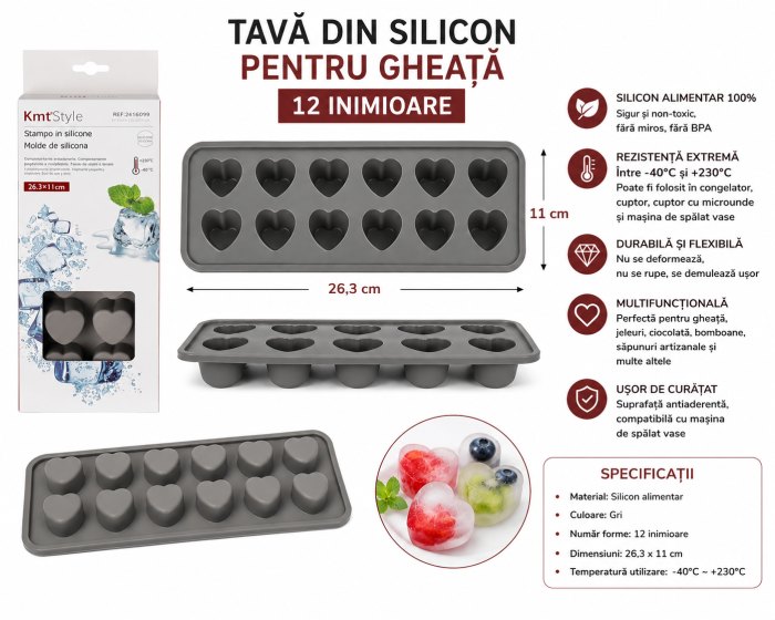 Tavă din silicon cu 12 forme inimioară pentru gheață și ciocolată [3]