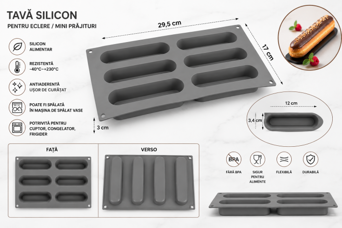 Tavă din silicon cu 6 forme pentru eclere și deserturi [3]