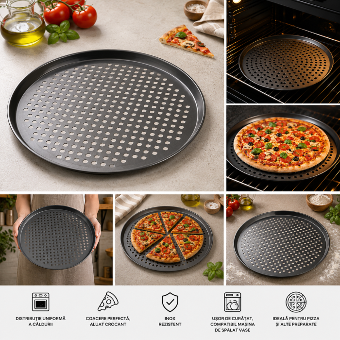Tavă pizza perforată Ø29 cm din oțel carbon antiaderent pentru blat crocant [6]