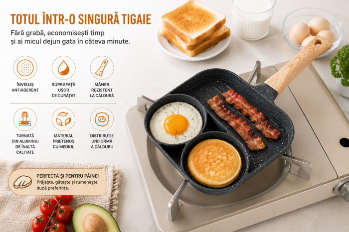 Tigaie compartimentată cu două compartimente și suprafață grill, ideală pentru ouă, bacon, clătite și alte preparate. Înveliș antiaderent și culoare aleatorie. [2]