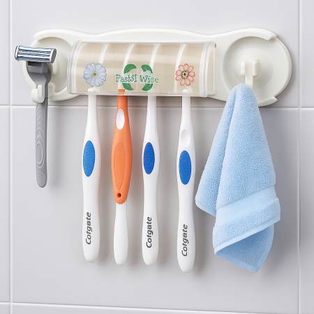 Suport de perete pentru periuțe de dinți cu capac și cârlige laterale [3]