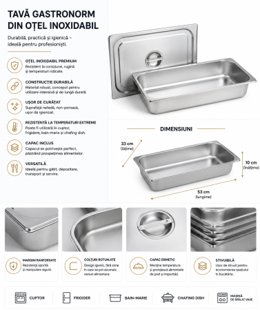 Tavă Gastronorm GN 1/1 din inox cu capac 53x33x10 cm [1]