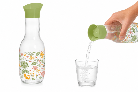 Bucătărie - Carafa Din Sticla 1L Cu Capac Pentru Apa Si Limonada Model Floral Verde