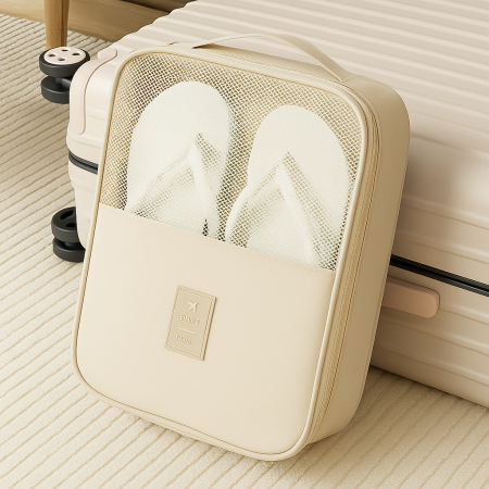 Husă voiaj încălțăminte crem 3 compartimente plasă aerisire textil rezistent [3]