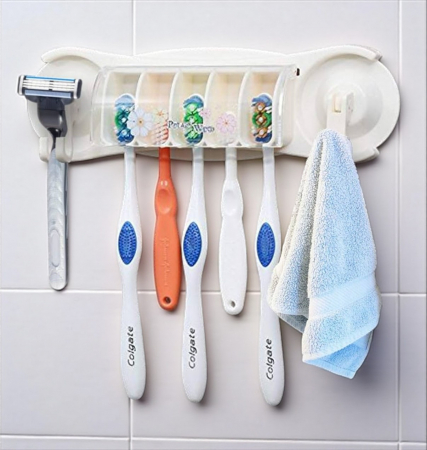 Suport de perete pentru periuțe de dinți cu capac și cârlige laterale [1]