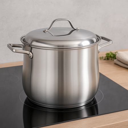 Oală din inox Grunberg GR3120 cu diametrul de 20 cm și capacitate de 5.7 L, ideală pentru gătitul zilnic al ciorbelor, supelor, pastelor și altor preparate consistente. Fabricată din inox de calitate superioară, cu bază încapsulată pentru distribuție uniformă a căldurii, asigură o gătire rapidă și eficientă. Prevăzută cu capac din inox rezistent care păstrează aromele și nutrienții. Compatibilă cu plite pe gaz și electrice, având un design modern și elegant, perfect pentru orice bucătărie. [4]