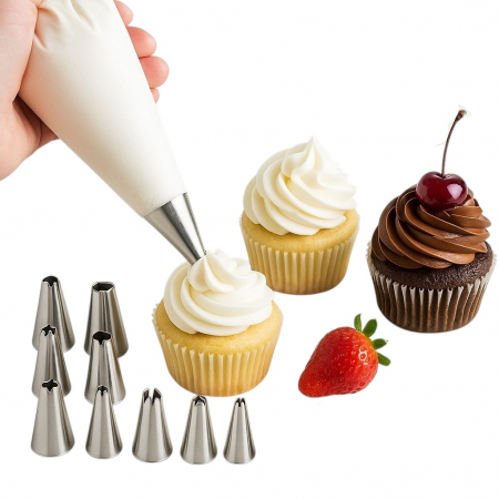 Cofetărie și patiserie - Set complet pentru ornat prăjituri cu pungă reutilizabilă și 9 duiuri din inox