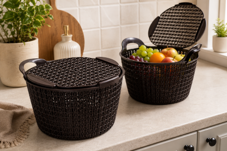 Coș multifuncțional cu capac din plastic maro 32 cm pentru depozitare [1]