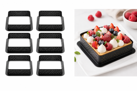 Cofetărie și patiserie - Set 6 forme pătrate perforate pentru tarte și mini prăjituri 80x80 mm din material termorezistent