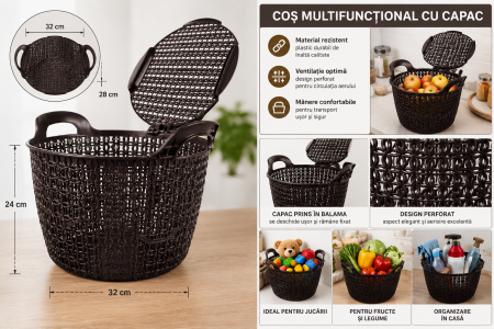 Coș multifuncțional cu capac din plastic maro 32 cm pentru depozitare [2]