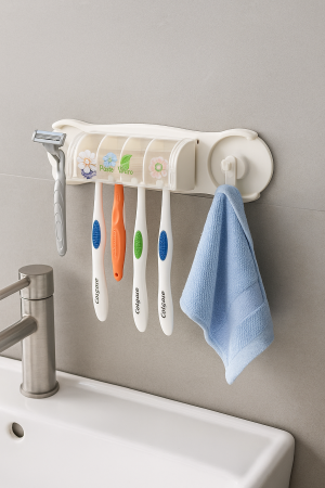 Suport de perete pentru periuțe de dinți cu capac și cârlige laterale [2]