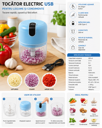 Mini Tocator Electric Reincarcabil USB 250 ml [2]