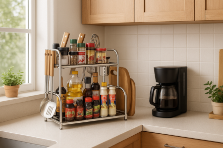 Organizator inox pe 2 niveluri cu suport pentru cuțite și tocător [1]