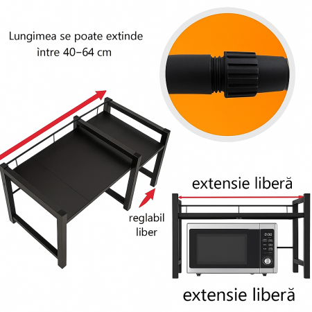 Etajeră metalică extensibilă bucătărie 42–64 cm suport cuptor microunde și condimente [1]