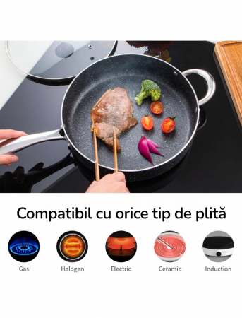 Tigaie antiaderentă 28 cm piatră naturală cu capac sticlă termorezistentă [3]