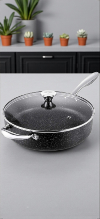 Bucătrie - Tigaie antiaderentă 28 cm piatră naturală cu capac sticlă termorezistentă