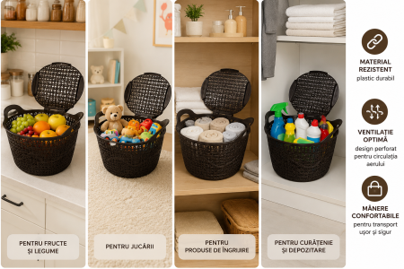 Coș multifuncțional cu capac din plastic maro 32 cm pentru depozitare [3]