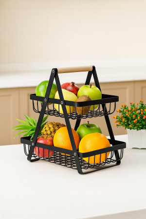 Depozitare și organizare - Etajeră metalică 2 nivele cu mâner lemn pentru fructe și pâine