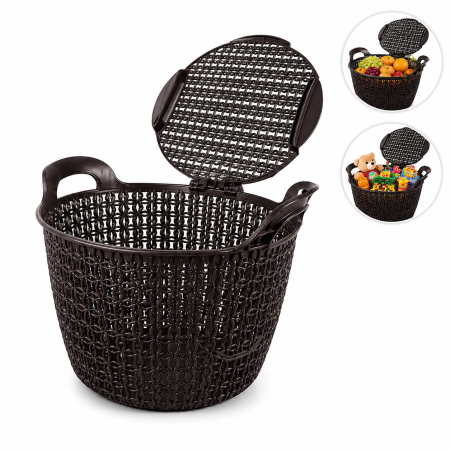 Depozitare și organizare - Coș multifuncțional cu capac din plastic maro 32 cm pentru depozitare