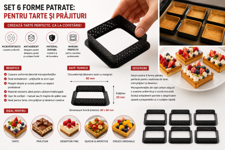 Set 6 forme pătrate perforate pentru tarte și mini prăjituri 80x80 mm din material termorezistent [2]