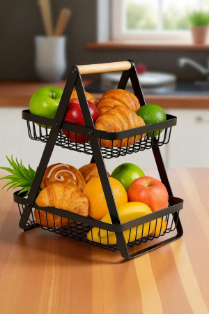 Etajeră metalică 2 nivele cu mâner lemn pentru fructe și pâine [1]