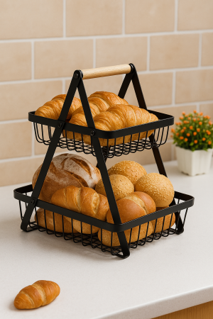 Etajeră metalică 2 nivele cu mâner lemn pentru fructe și pâine [2]