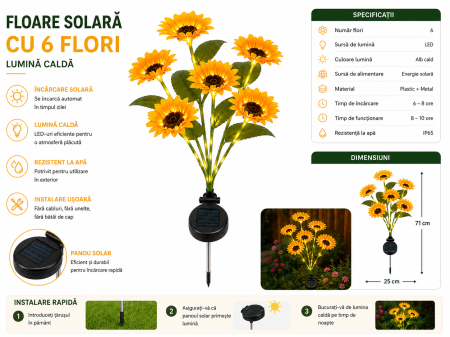 Lampă solară Floarea Soarelui cu 6 flori și lumină caldă [1]