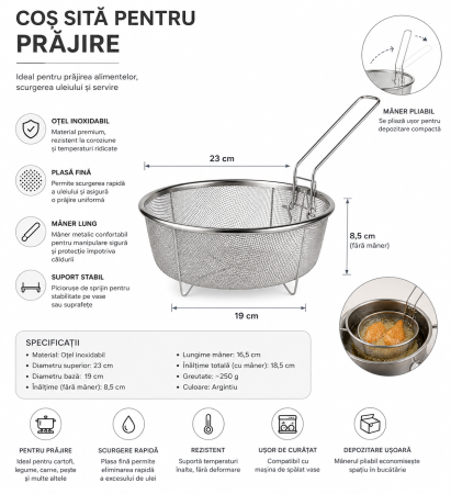 Coș sită pentru prăjire din inox cu mâner pliabil 23 cm [2]
