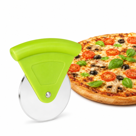 Bucătărie - Cutter pizza inox cu mâner verde ergonomic – rotiță pentru tăiat pizza și aluaturi