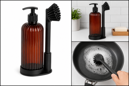Dozator detergent vase din plastic cu perie și suport pentru chiuvetă, dispenser detergent lichid bucătărie, model amber/negru [1]