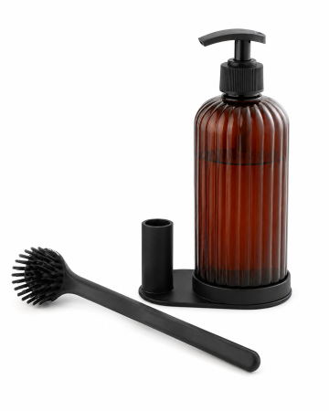 Dozator detergent vase din plastic cu perie și suport pentru chiuvetă, dispenser detergent lichid bucătărie, model amber/negru [4]