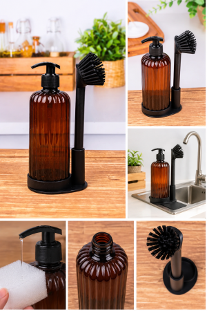 Dozator detergent vase din plastic cu perie și suport pentru chiuvetă, dispenser detergent lichid bucătărie, model amber/negru [2]