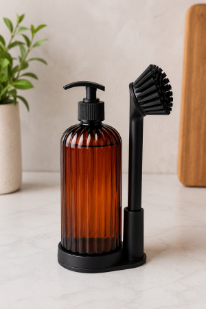 Dozator detergent vase din plastic cu perie și suport pentru chiuvetă, dispenser detergent lichid bucătărie, model amber/negru [3]