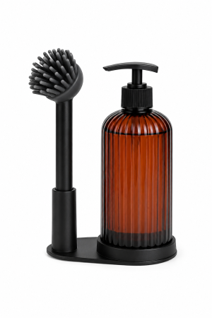 Depozitare și organizare - Dozator detergent vase din plastic cu perie și suport pentru chiuvetă, dispenser detergent lichid bucătărie, model amber/negru