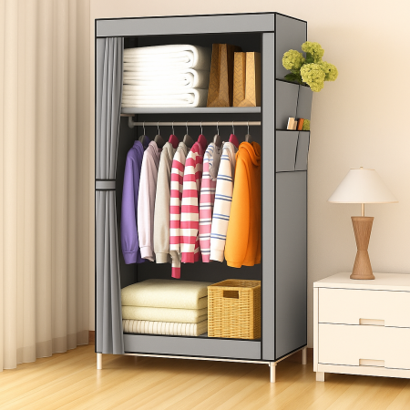 Depozitare și organizare - Dulap textil cu rafturi și bară umerașe 145x60x45 cm organizator haine spații mici