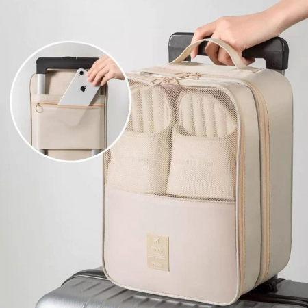 Husă voiaj încălțăminte crem 3 compartimente plasă aerisire textil rezistent [1]