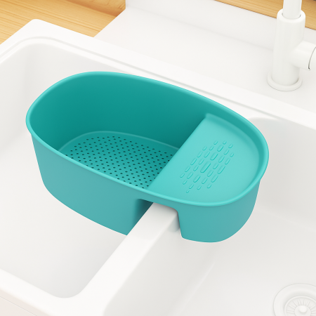 Depozitare și organizare - Organizator chiuvetă 2 în 1 cu sită scurgere și suport lateral pentru legume și bureți