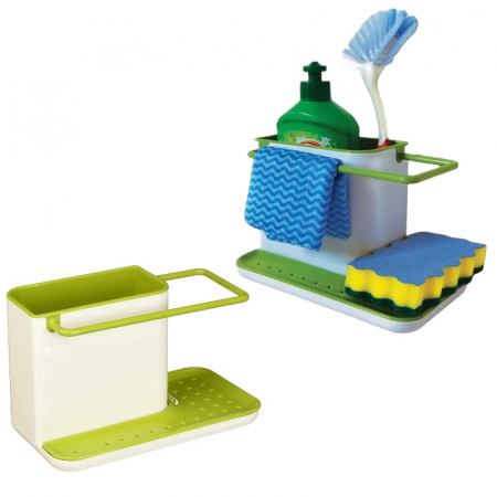 Depozitare și organizare - Organizator chiuvetă alb-verde cu suport pentru bureți, detergent și lavetă