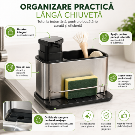 Organizator chiuvetă cu dozator detergent și suport bureți [4]