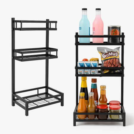 Depozitare și organizare - Raft metalic de bucătărie cu 3 nivele pentru condimente și accesorii