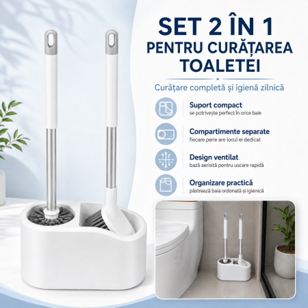 Set 2 în 1 pentru curățarea toaletei cu 2 perii și suport alb [1]