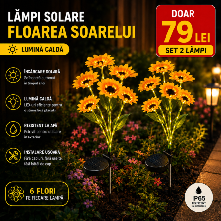 Produse de Sezon - Set 2 lămpi solare Floarea Soarelui cu 6 flori și lumină caldă