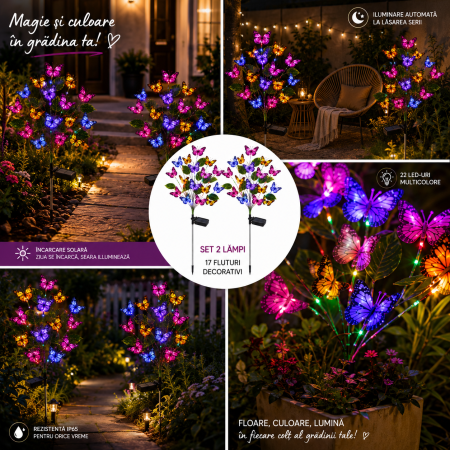 Set 2 lămpi solare decorative cu fluturi pentru grădină, 17 fluturi/lampă [8]