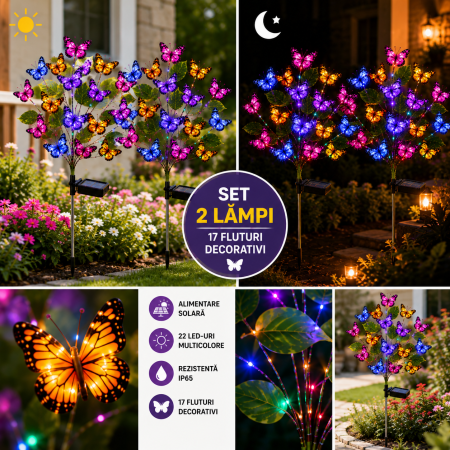 Set 2 lămpi solare decorative cu fluturi pentru grădină, 17 fluturi/lampă [1]