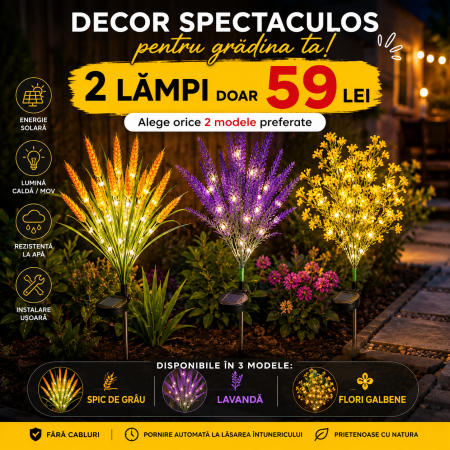 Produse de Sezon - Set 2 Lămpi Solare Decorative pentru Grădină - Spic de Grâu, Lavandă și Flori Galbene