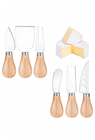 Bucătrie - Set 5 ustensile brânzeturi inox lemn cuțite furculiță servire platouri