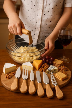 Set 5 ustensile brânzeturi inox lemn cuțite furculiță servire platouri [3]