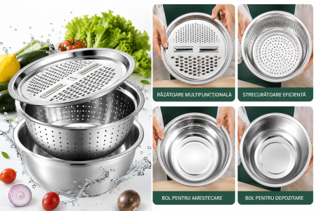 Set multifuncțional inox cu bol, strecurătoare și răzătoare [2]
